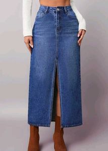 Blue Denim Midi Skirt with Front Slit