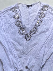 Embellished White Cotton Kurta