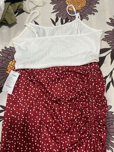 Chic Red Heart Print Ruched Midi Skirt Set