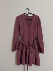 Mauve Button-Up Tiered Dress with Belt