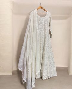 White Party Wear Anarkali Gown &amp; Dupatta