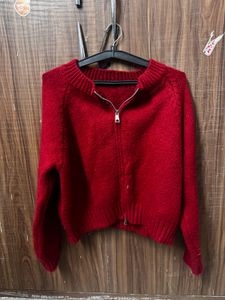 Chic Red Zip-Up Knit Cardigan