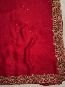 Vibrant Red Saree with Gold Border