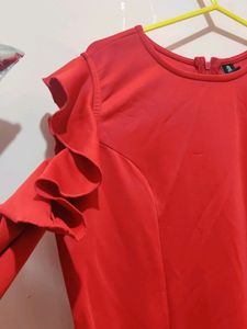 Red Ruffle Cold Shoulder Dress