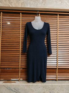 Navy Blue Ribbed Bodycon Midi Dress
