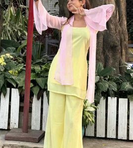 Elegant Yellow Kurta Set with Pink Dupatta