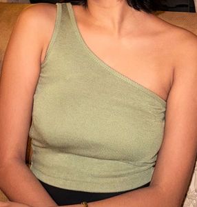 Ribbed Olive Green One Shoulder Crop Top