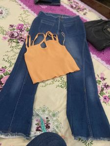 Blue Flared Jeans with Orange Crop Top