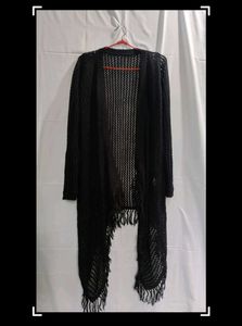Black Knitted Long Shrug Cardigan with Fringe