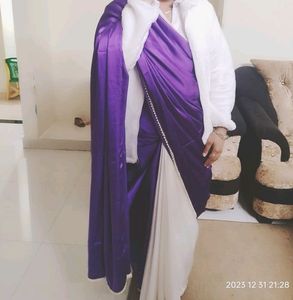 Satin Blue And White Saree With Blouse Piece