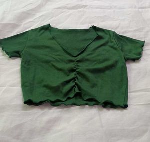 Ruching V-Neck Lettuce Hem Crop Top