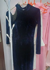 Elegant Navy Velvet Dress with Fringe Detail