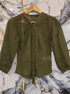 brand new Chic Olive Green Tie-Neck Blouse