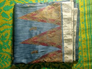 Silk Banarasi Saree Grey Blue Women's Bengali Sari