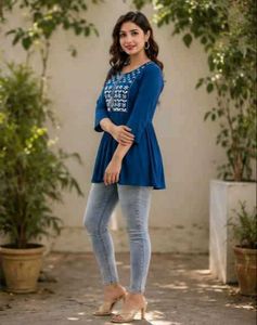 Stylish Blue Embroidered Kurti Top-All size Availa