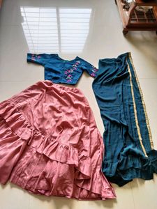 flared chaniya choli with frills and khatli work b