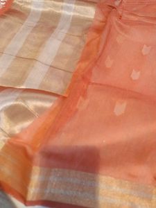 Elegant Coral Saree with Golden Border