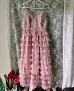 korean Pink Tiered Ruffle Midi Dress