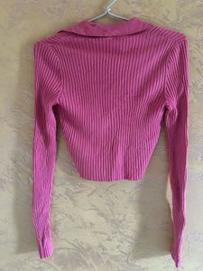 Pink Ribbed Collared Cropped Sweater
