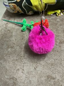Fuzzy Pink Pom  Keychai