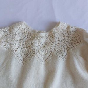 Cream Lace Detail woolen Knit Sweater