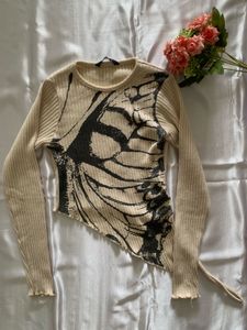 Butterfly Print Ruched Long Sleeve Top