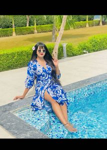 Blue & White Print Wrap Dress