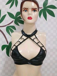 (100)Strappy Faux Leather Bra Top