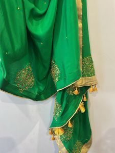 Vibrant Green &amp; Yellow Embroidered Saree