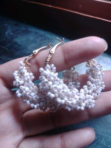 Elegant White Beaded Hoop Earrings