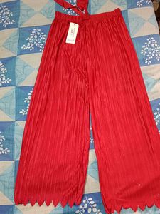 Red Pleated Wed Leg Sparkle Pants, Palazo