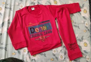 Kids Red Denim Print Sweatshirt & Pants Set