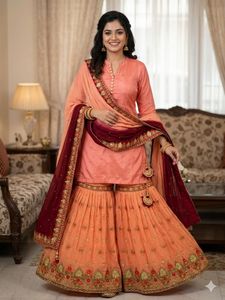Elegant Peach Kurta Set with Sharara