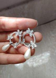 Silver-Plated Crystal Floral Hoop Earrings with Pe