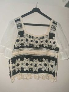 Crochet Floral Top with Ruffle Sleeves