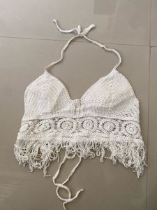 Crochet Halter Top &amp; Denim Shorts Set