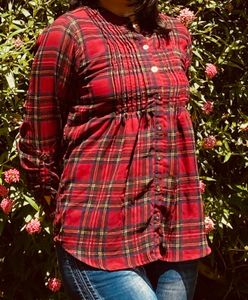 Red Plaid Sheer Top By Fig