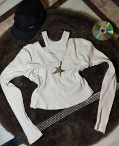Cream Ribbed Cut-out Long Sleeve Top