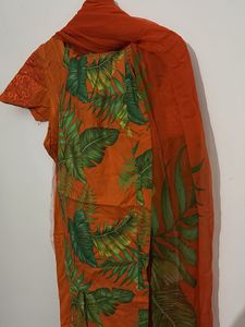 Vibrant Orange Kurta Set with Leaf Print