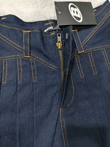Dark Wash Pleated Denim Mini Skirt