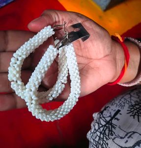 Elegant White Beaded Hoop Earrings