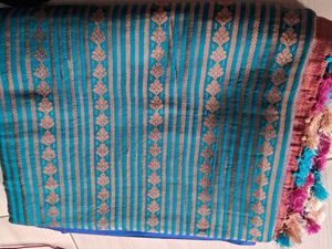 Beautiful Teal &amp; Blue Striped Saree With blouse