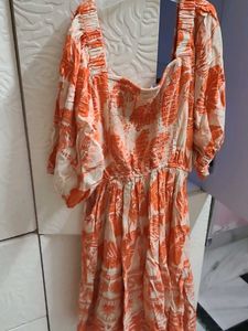 Boho Orange Leaf Print Mini Dress