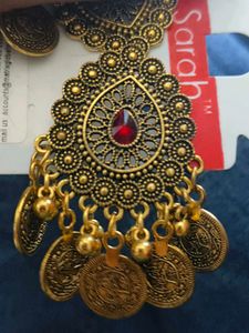 Oxidised Gold Jhumka Earrings with Red Stone
