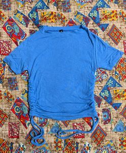 Blue Ruched Drawstring Cropped Tee