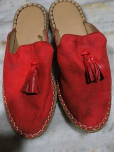 Red Espadrille Flats with Tassel Detail