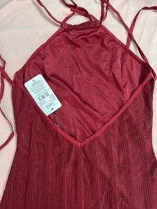 Burgundy Mesh Halter Dress
