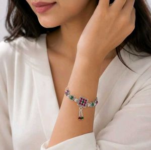 Silver Oxidized Bracelet with Red &amp; Green Stones