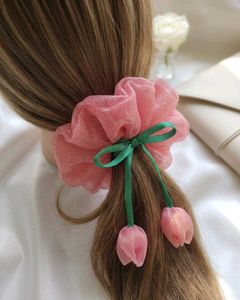 handmade XXL Cute Pink Scrunchie with Tulip Charms