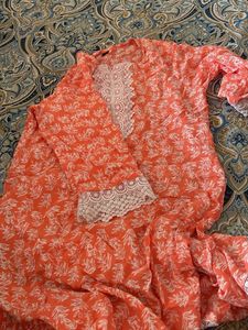Orange Printed Kurta with White Lace Detail